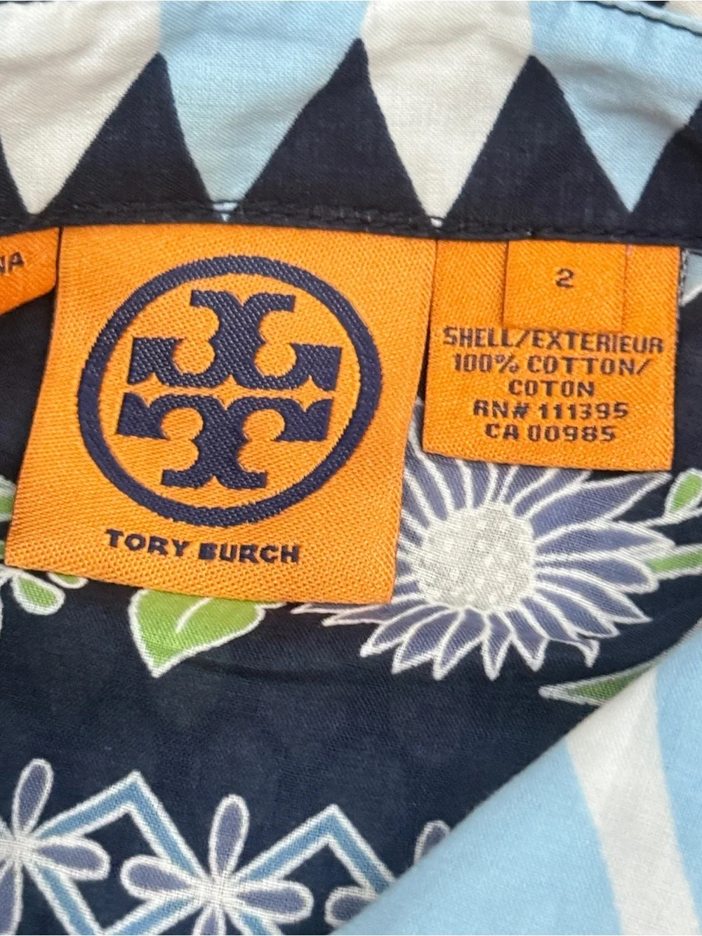 Tory Burch Floral Sunburst Multi Mosaic Cotton Button Up LS Blouse Top Sz 2